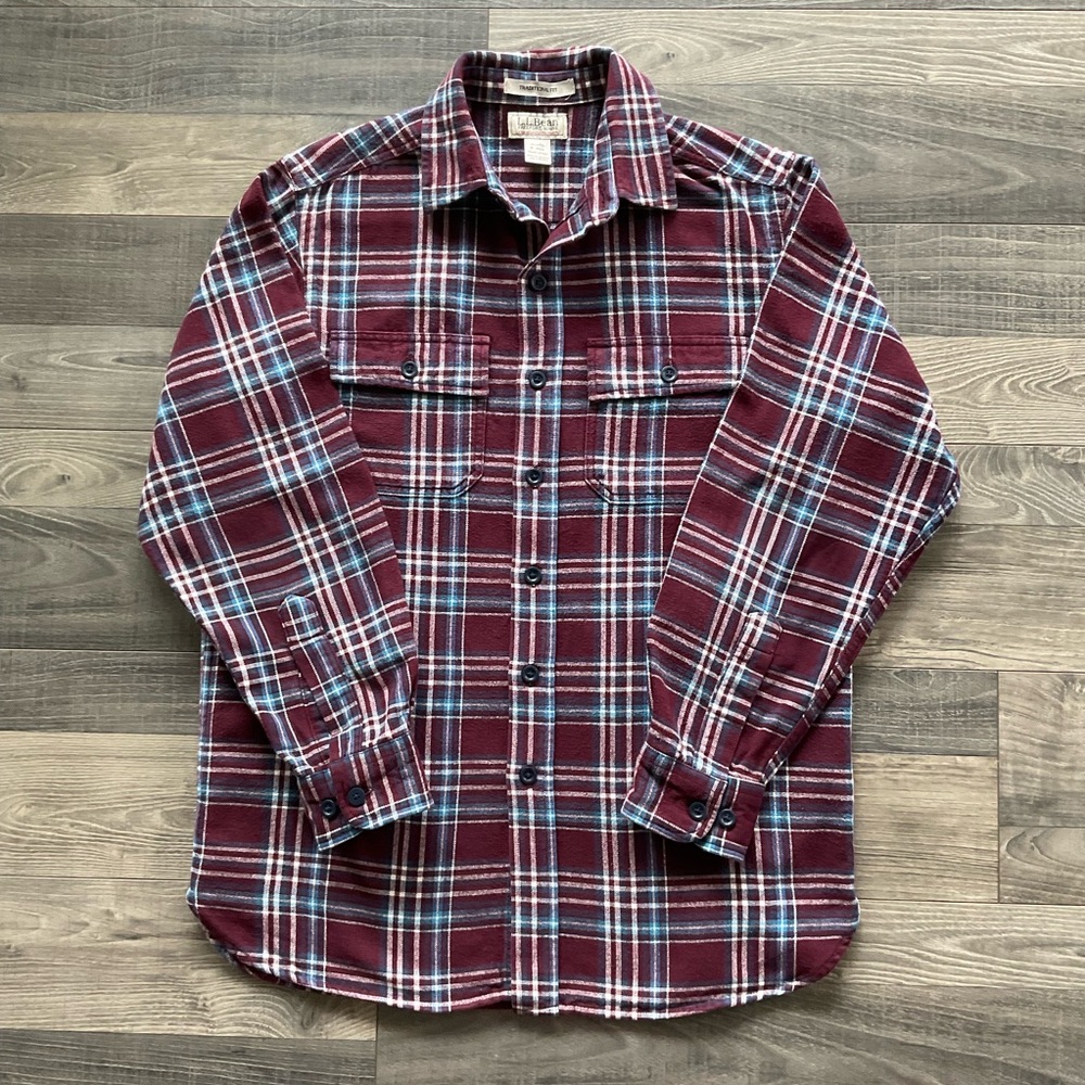 LL Bean Chamois Shirt Men’s Size SMALL Maroon Blue White Plaid Button Up 277981